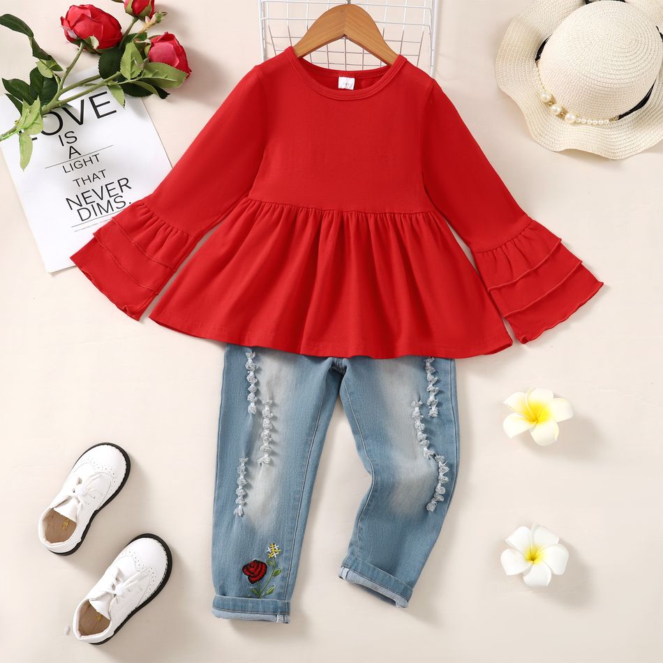 2pcs Toddler Girl Floral Embroidered Cotton Denim Jeans and Bell sleeves Tee Set Red