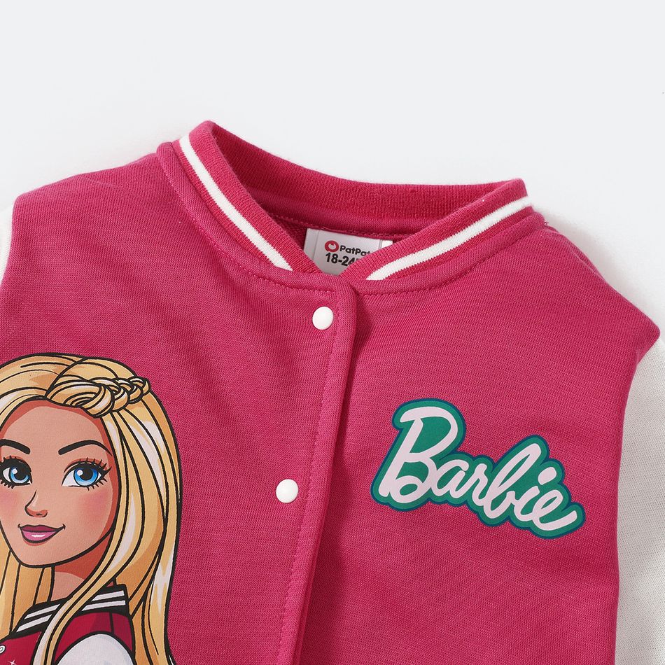 Barbie Toddler Girl Character Print Colorblock Button Design Bomber Jacket Hot Pink big image 3
