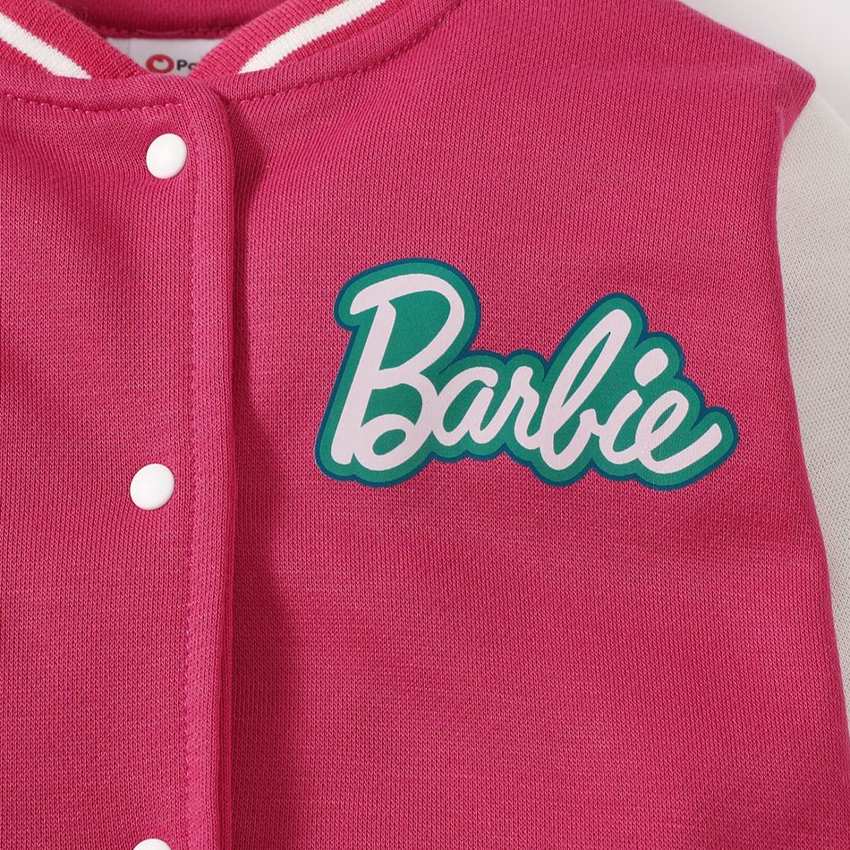 Barbie Toddler Girl Character Print Colorblock Button Design Bomber Jacket Hot Pink big image 4
