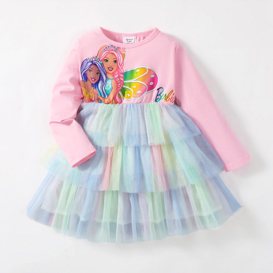 Barbie Toddler Girl Layered Mesh Splice Long-sleeve Cotton Dress Pink big image 2