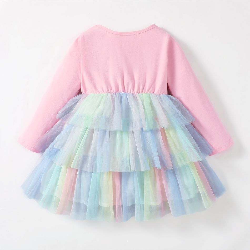 Barbie Toddler Girl Layered Mesh Splice Long-sleeve Cotton Dress Pink