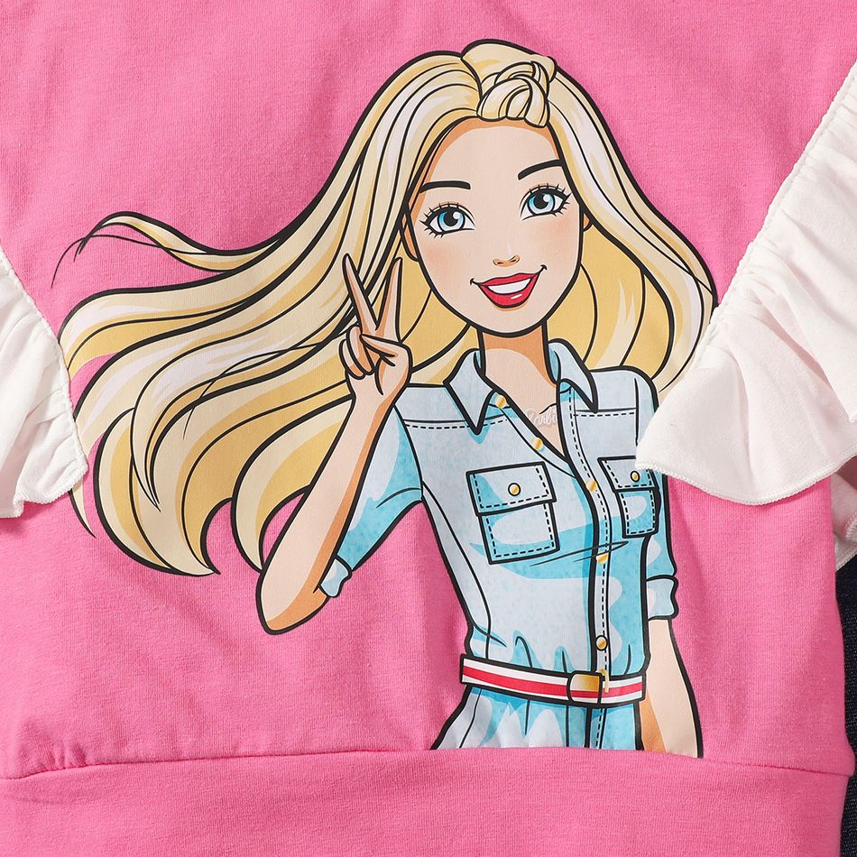 Barbie 2pcs Toddler Girl Ruffled Cotton Sweatshirt and Flared Denim Jeans Set Hot Pink big image 2