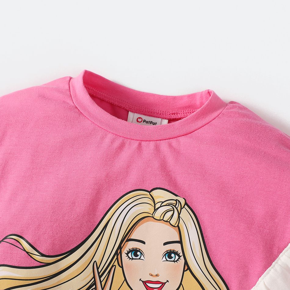 Barbie 2pcs Toddler Girl Ruffled Cotton Sweatshirt and Flared Denim Jeans Set Hot Pink big image 4