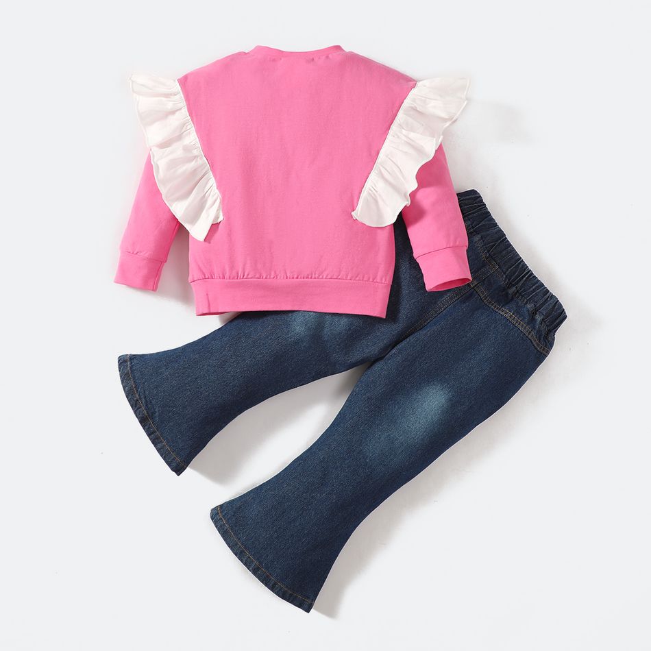 Barbie 2pcs Toddler Girl Ruffled Cotton Sweatshirt and Flared Denim Jeans Set Hot Pink big image 3