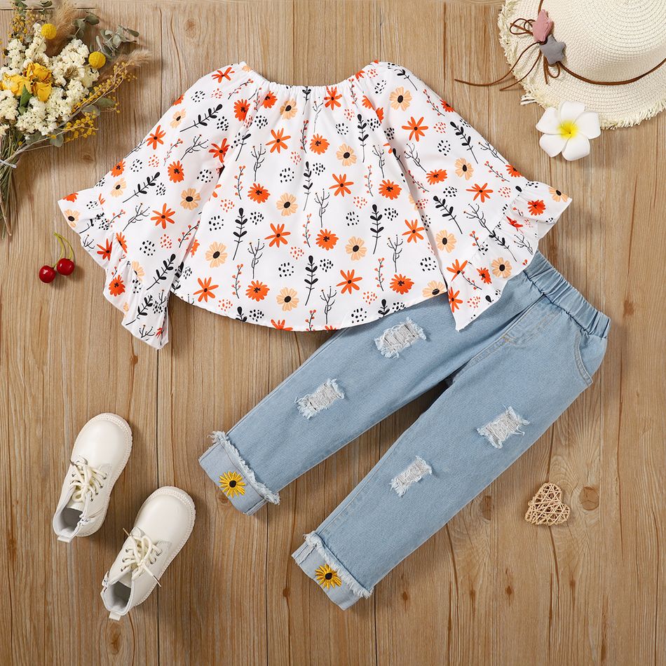 2pcs Toddler Girl Floral Print Bell sleeves Blouse and Ripped Denim Jeans Set Multi-color big image 2