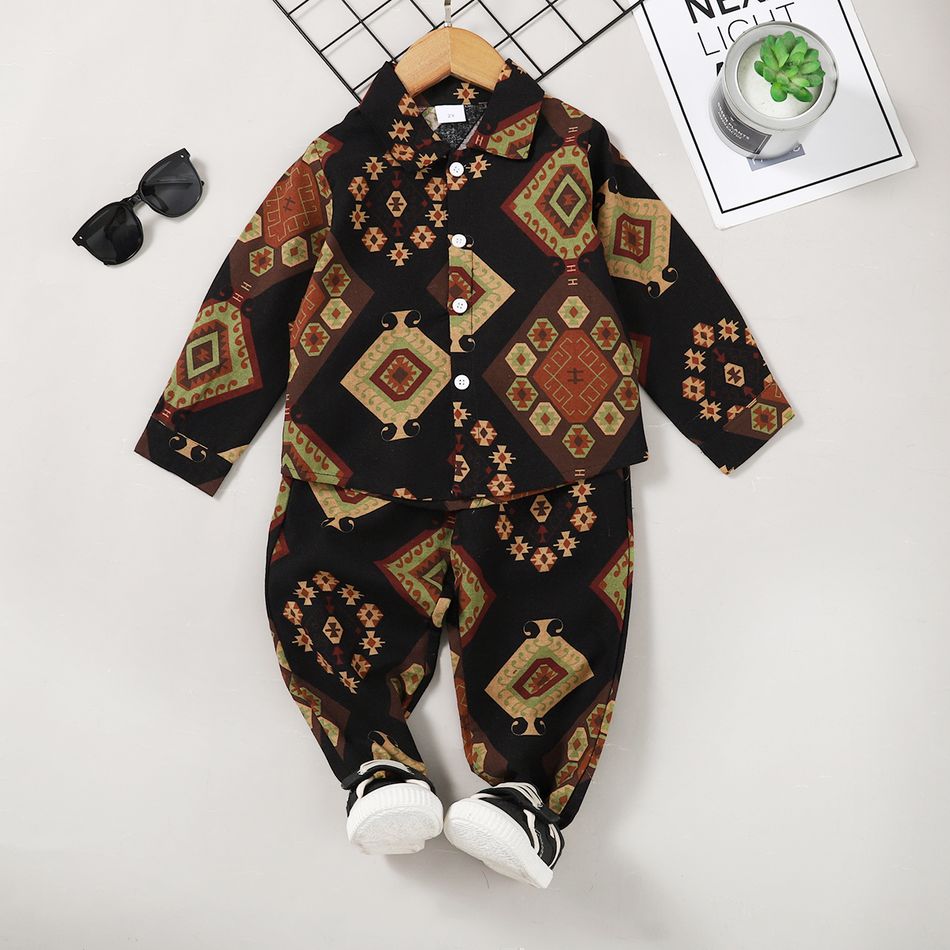 2pcs Toddler Boy Boho Exotic Lapel Collar Cotton Shirt and Pants Set Brown big image 1