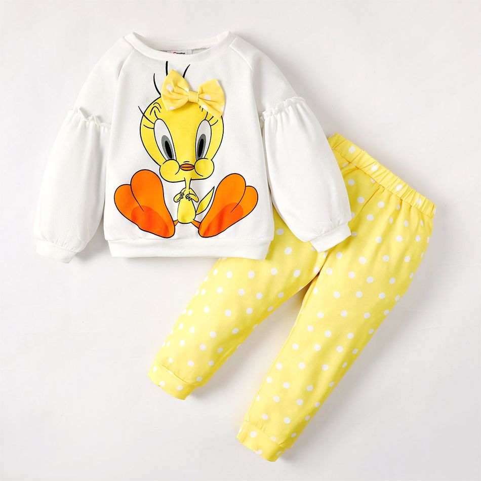 Looney Tunes 2pcs Toddler Girl Bowknot Design White Cotton Sweatshirt and Polka dots Pants Set White big image 2