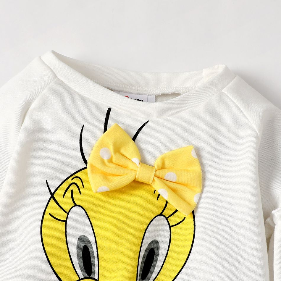 Looney Tunes 2pcs Toddler Girl Bowknot Design White Cotton Sweatshirt and Polka dots Pants Set White big image 3