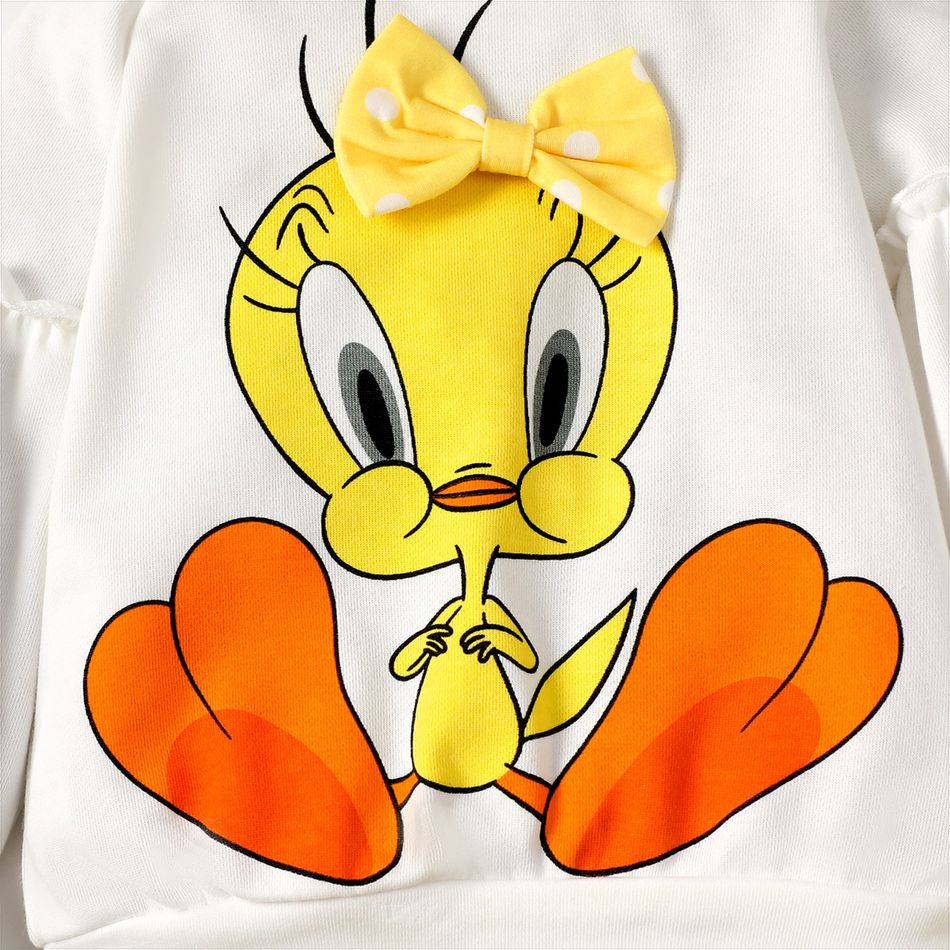Looney Tunes 2pcs Toddler Girl Bowknot Design White Cotton Sweatshirt and Polka dots Pants Set White big image 4