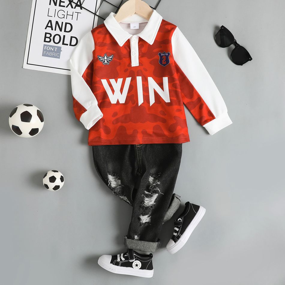 Soccer Cup 2pcs Toddler Boy Trendy Ripped Denim Jeans and Letter Print Polo Sweatshirt Set Red