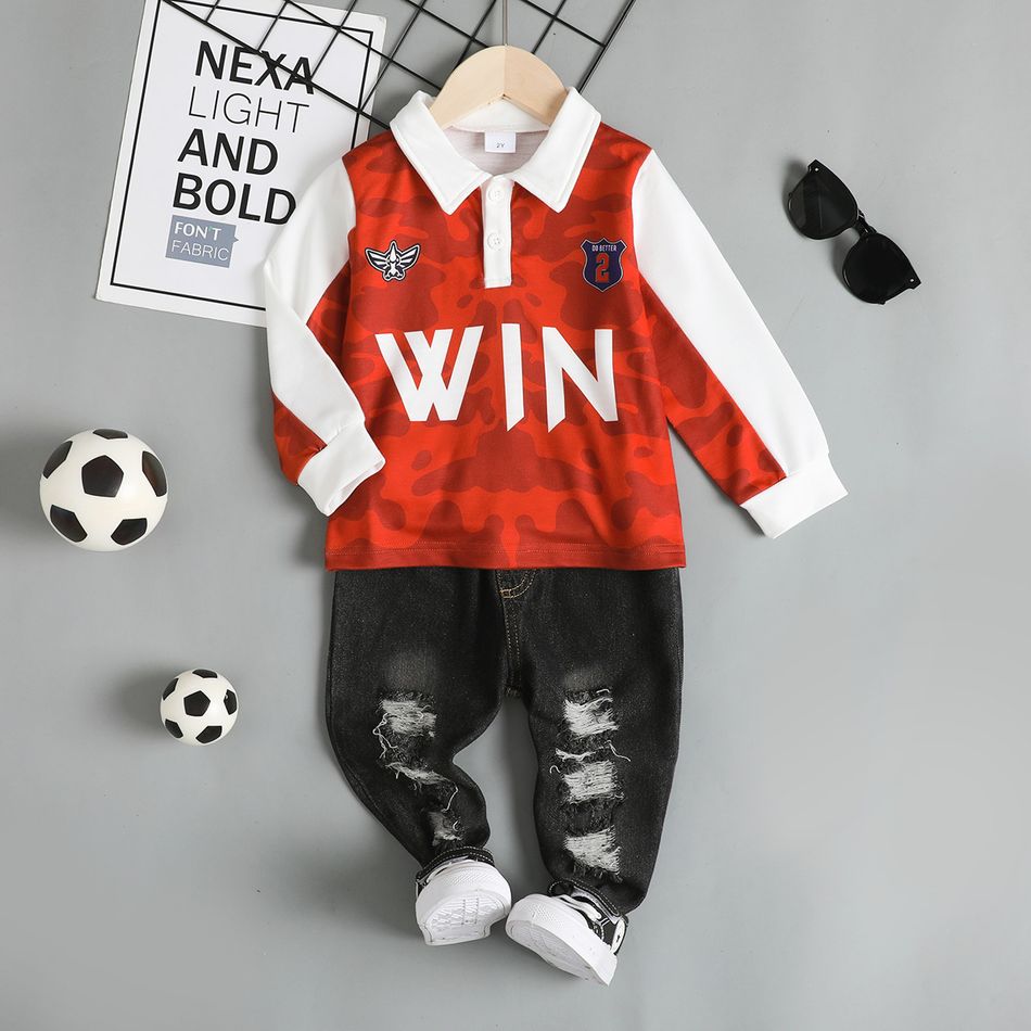 Soccer Cup 2pcs Toddler Boy Trendy Ripped Denim Jeans and Letter Print Polo Sweatshirt Set Red big image 2
