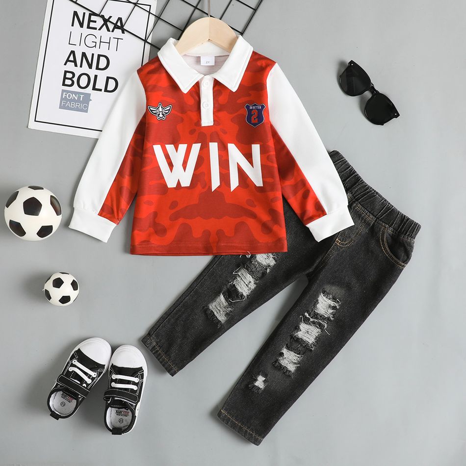Soccer Cup 2pcs Toddler Boy Trendy Ripped Denim Jeans and Letter Print Polo Sweatshirt Set Red big image 5