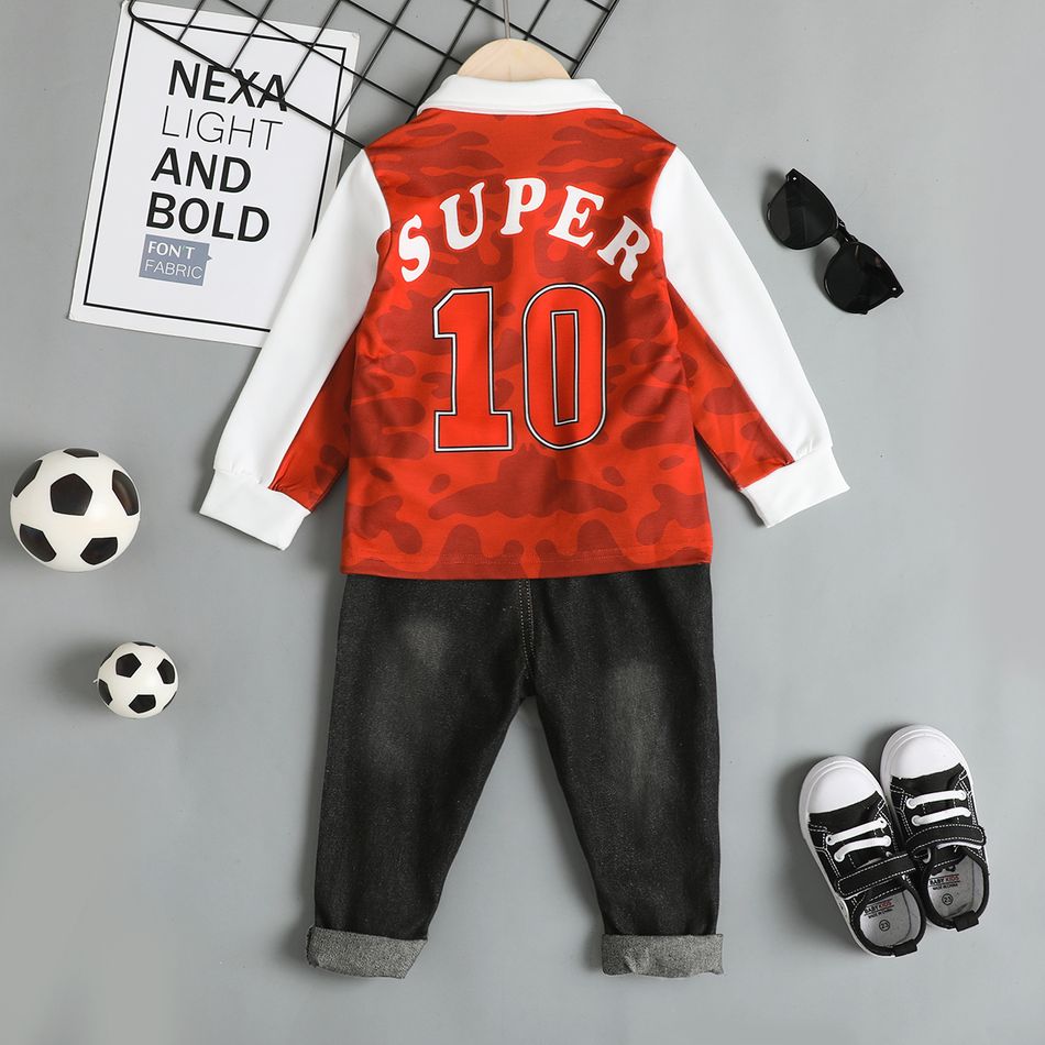 Soccer Cup 2pcs Toddler Boy Trendy Ripped Denim Jeans and Letter Print Polo Sweatshirt Set Red big image 4
