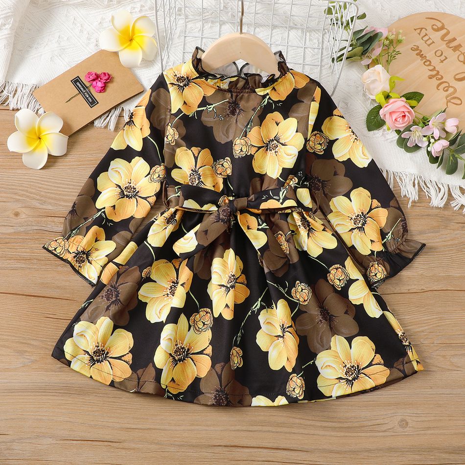 Toddler Girl Sweet Floral Print Ruffle Collar Belted Dress Rudbeckia yellow