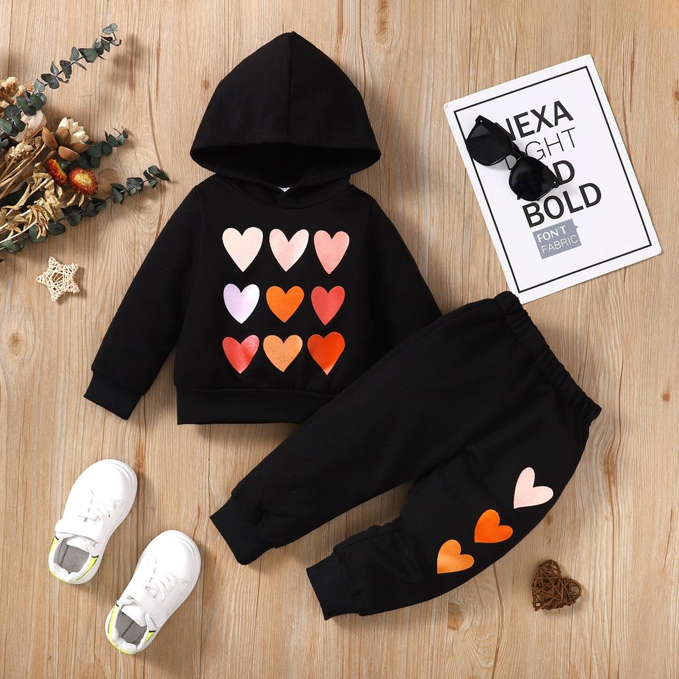 2pcs Toddler Boy/Girl Trendy Valentine's Day Heart Print Hoodie Sweatshirt and Pants Set Black big image 2