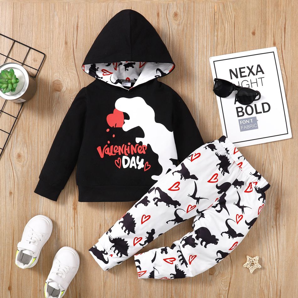 2pcs Toddler Boy Valentine's Day Dinosaur Print Hoodie Sweatshirt and Pants Set Black big image 2