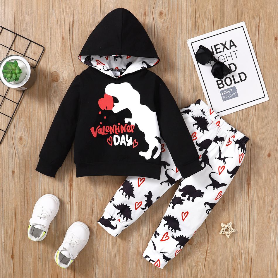 2pcs Toddler Boy Valentine's Day Dinosaur Print Hoodie Sweatshirt and Pants Set Black big image 1