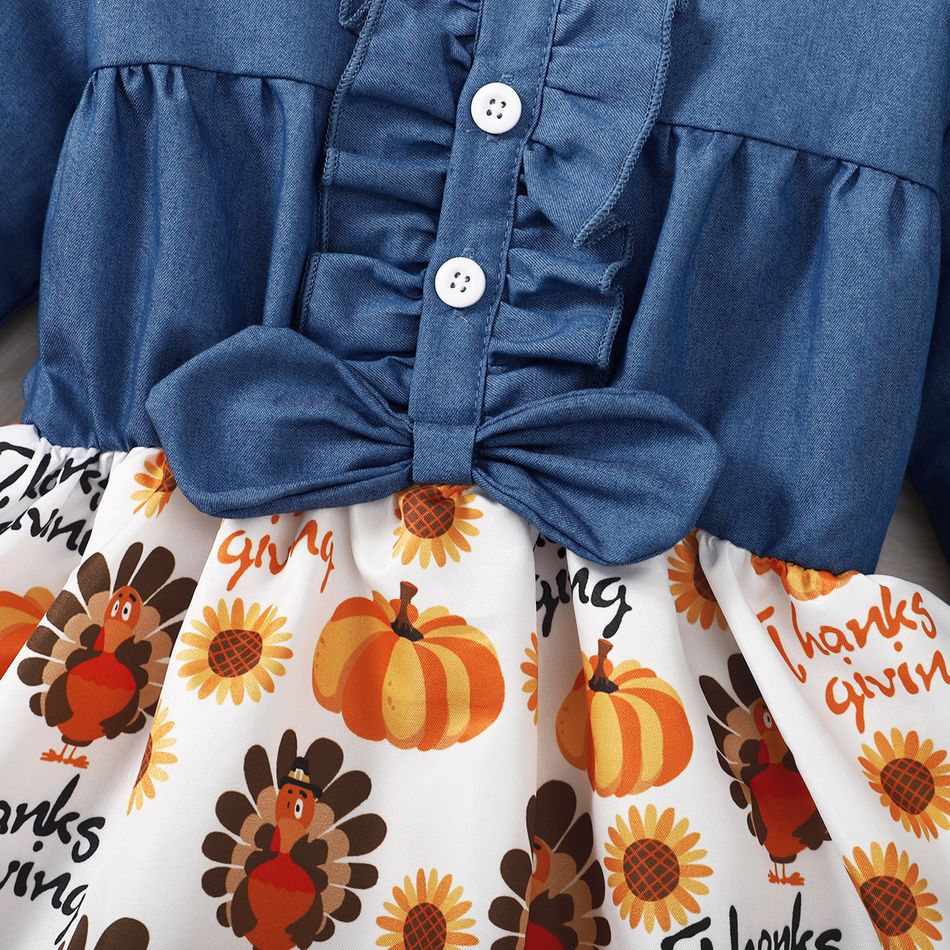 Toddler Girl Thanksgiving Graphic Print Ruffled Denim Splice Long-sleeve Dress Blue big image 4