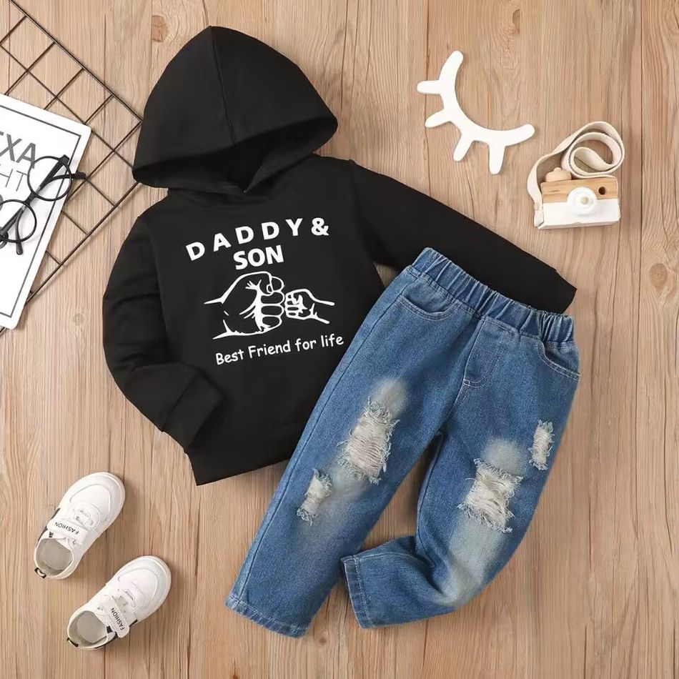 2pcs Toddler Boy Trendy Ripped Cotton Denim Jeans and Letter Print Hoodie Sweatshirt Set Black big image 3