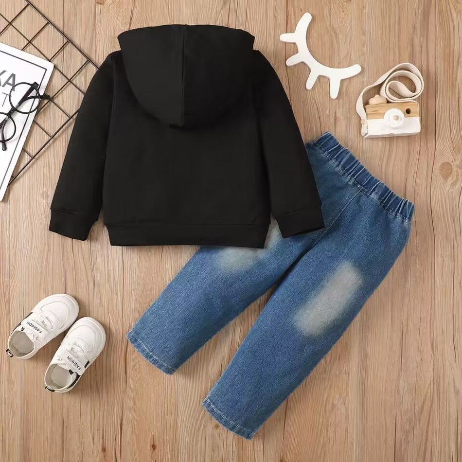 2pcs Toddler Boy Trendy Ripped Cotton Denim Jeans and Letter Print Hoodie Sweatshirt Set Black big image 4
