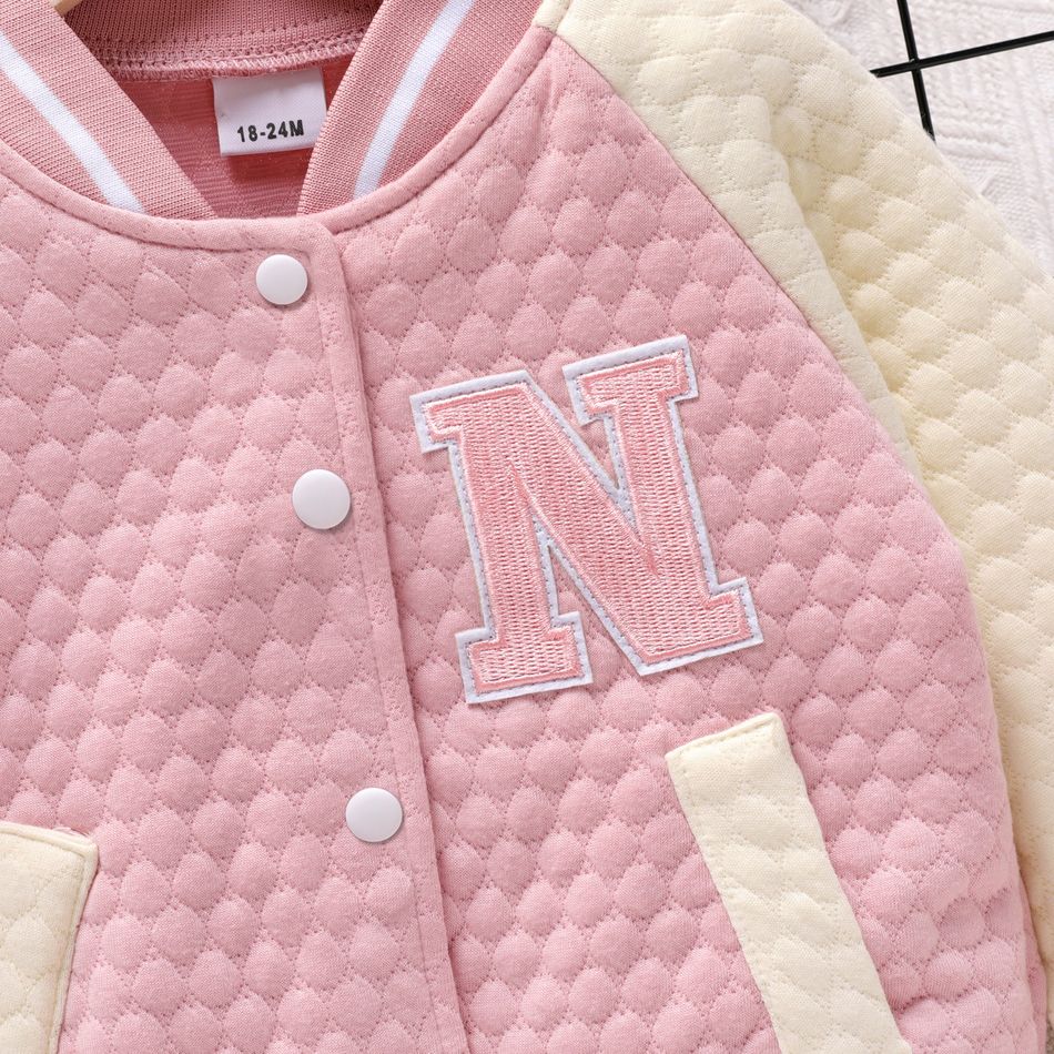 Toddler Girl 100% Cotton Letter Embroidered Textured Striped Button Design Bomber Jacket Pink big image 4