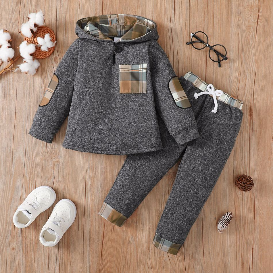 2pcs Toddler Boy Classic Plaid Splice Hoodie Sweatshirt and Pants Set Grey big image 1