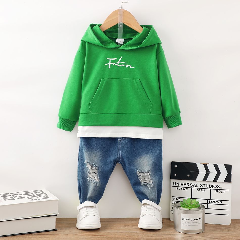 2pcs Toddler Boy Trendy Ripped Denim Jeans and Faux-two Hoodie Sweatshirt Set Green