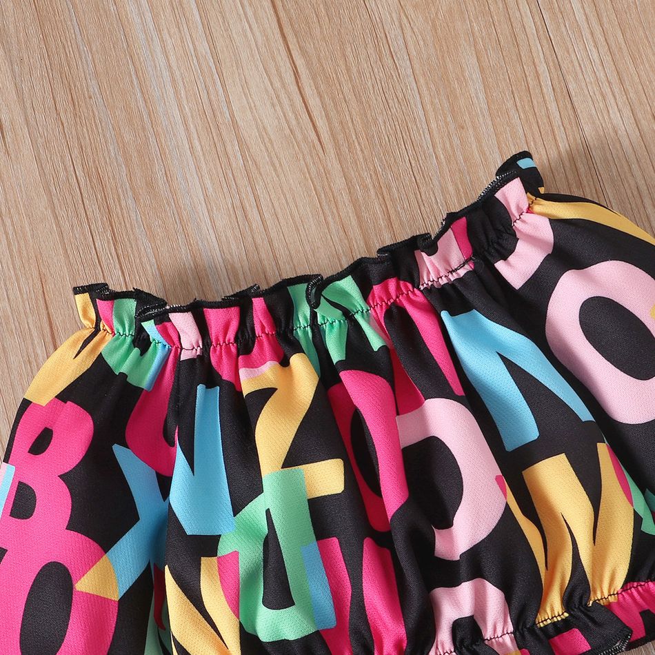 3pcs Toddler Girl Trendy Ripped Denim Skirt & Belt and Off Shoulder Letter Print Tee Set Hot Pink big image 3