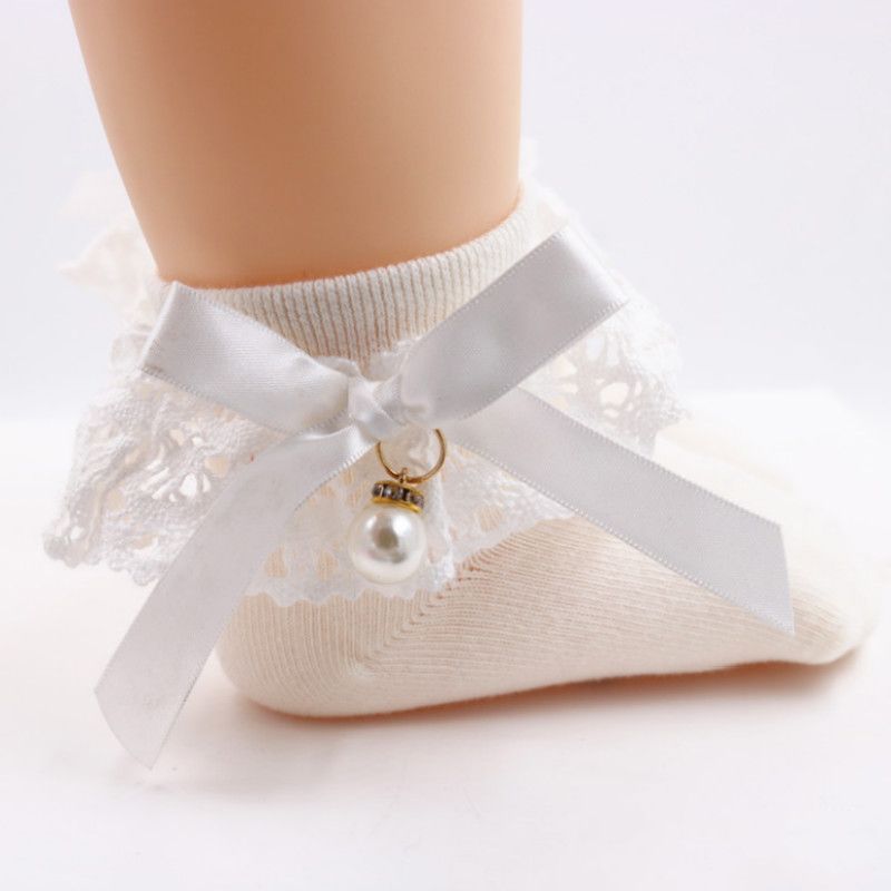 Baby / Toddler Girl Bow Decor Lace Design Pearl Decor Socks Creamy White