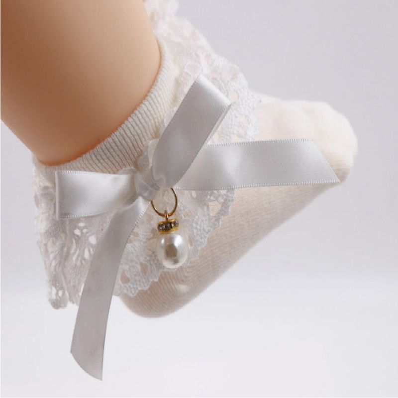 Baby / Toddler Girl Bow Decor Lace Design Pearl Decor Socks Creamy White big image 3