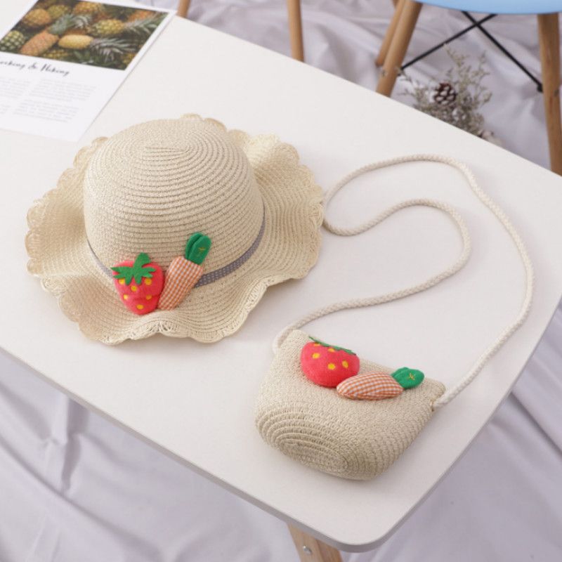 2-piece Summer Strawberry and Carrot Decor Straw Hat with Bag  Beige