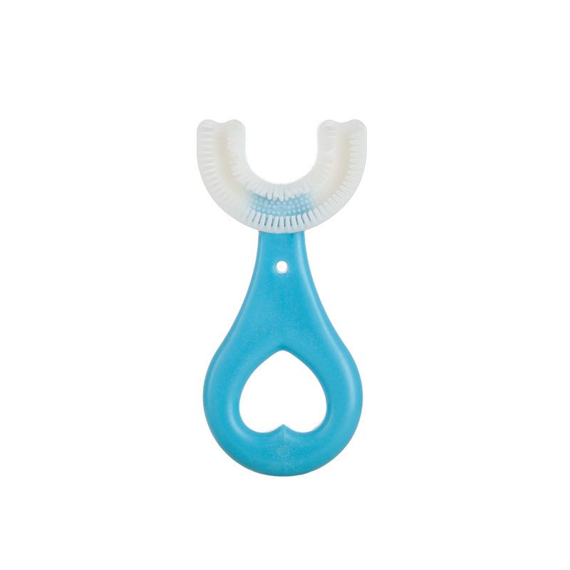 escova de dentes nova para crianças com cabeça de escova de silicone de grau alimentício em forma de U, escova de dente manual, ferramentas de limpeza oral para crianças em treinamento, escova de limpeza de boca inteira para crianças Azul Céu
