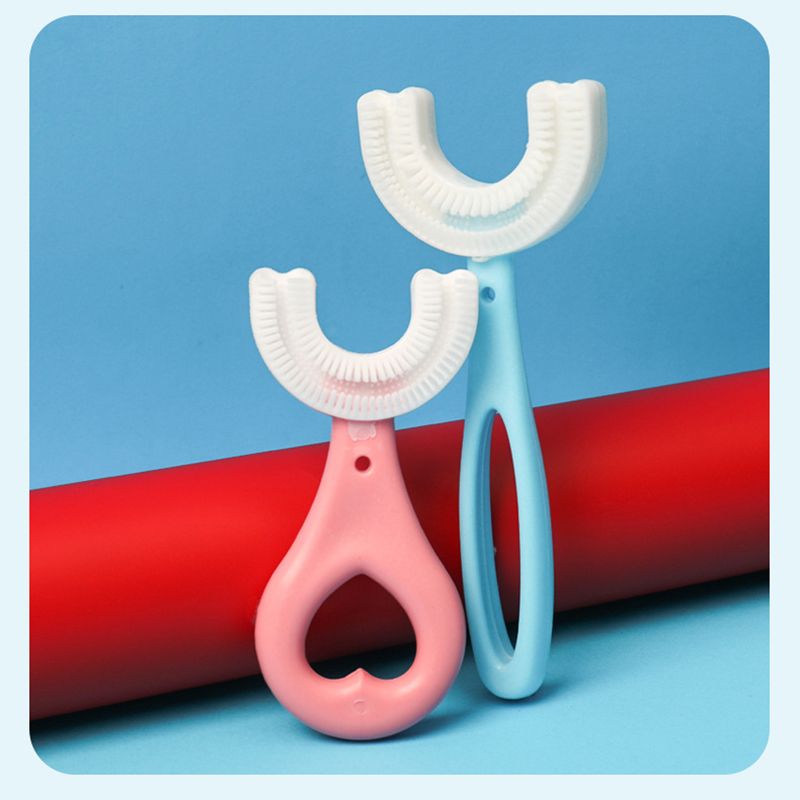 Escova de dentes nova para crianças com cabeça de silicone de grau alimentício em forma de u, escova de dentes manual, ferramentas de limpeza oral para crianças, treinamento, limpeza de dentes, escova de dentes de boca inteira para crianças Azul Céu big image 3
