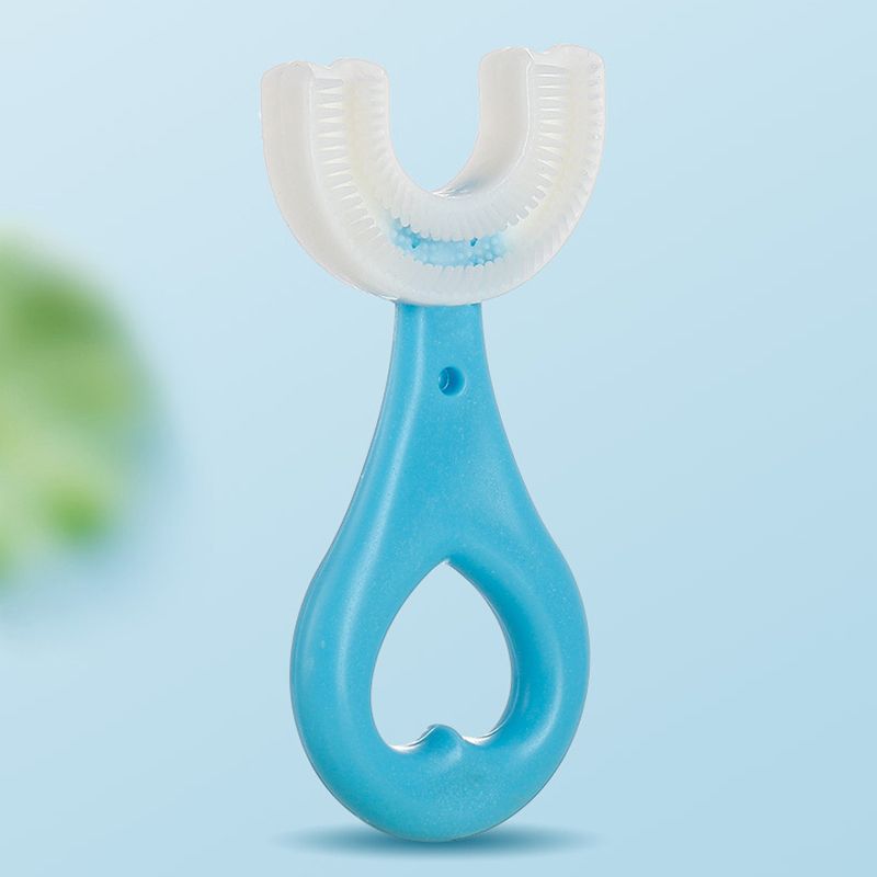 Escova de dentes nova para crianças com cabeça de silicone de grau alimentício em forma de u, escova de dentes manual, ferramentas de limpeza oral para crianças, treinamento, limpeza de dentes, escova de dentes de boca inteira para crianças Azul Céu big image 4