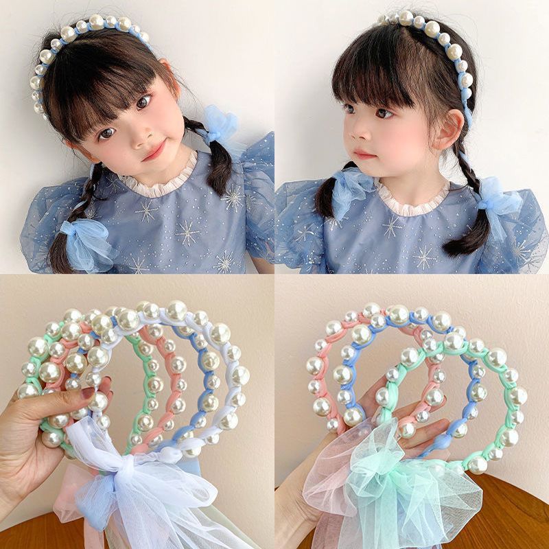 Pearl Streamer Long Ribbon Headband for Girls Light Blue big image 2