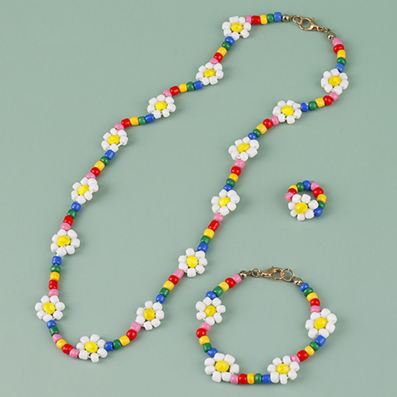 3-pack Daisy Beaded Necklace and Bracelet Rings Jewelry Set for Girls Multi-color