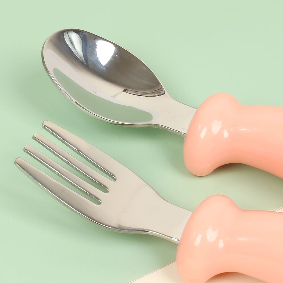 Baby Stainless Steel Utensils Spoons Forks Set Baby Toddler Self-Feeding Training Utensil Light Pink