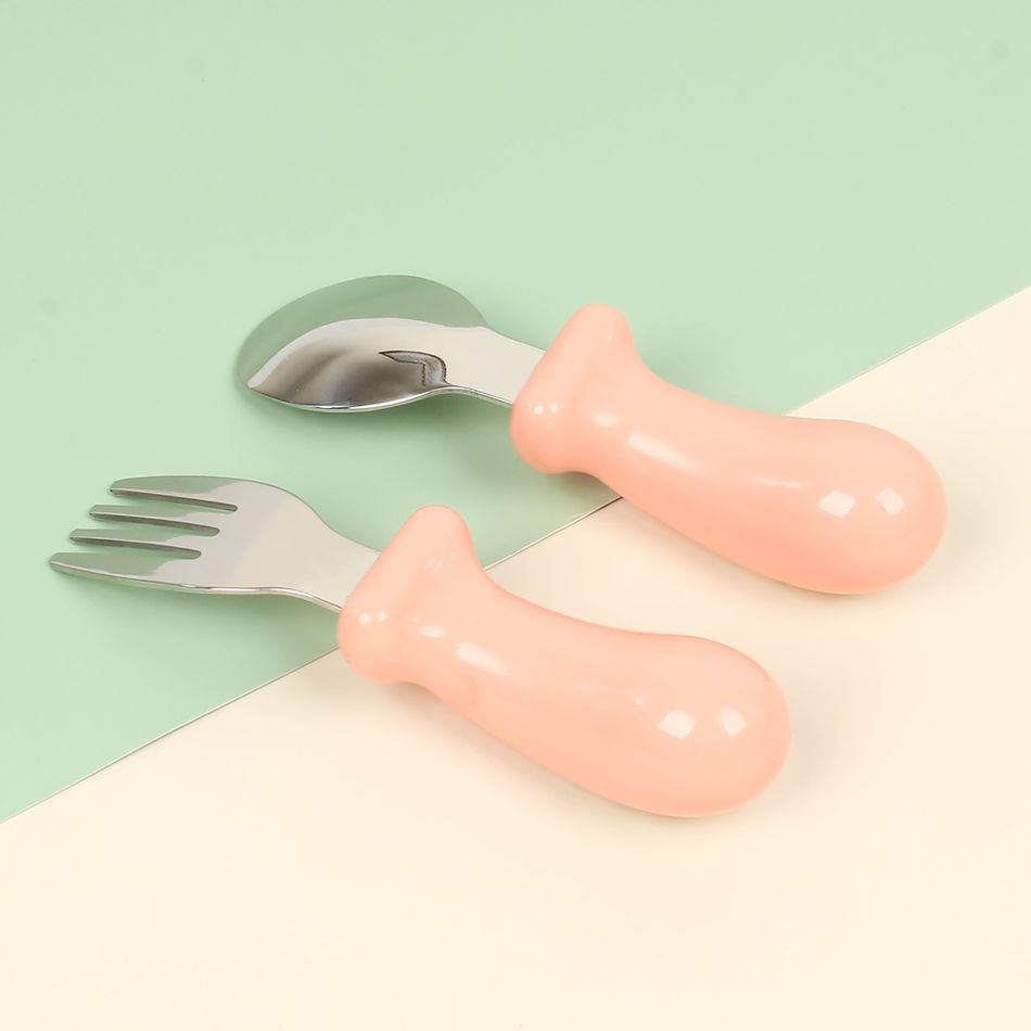 Baby Stainless Steel Utensils Spoons Forks Set Baby Toddler Self-Feeding Training Utensil Light Pink big image 3