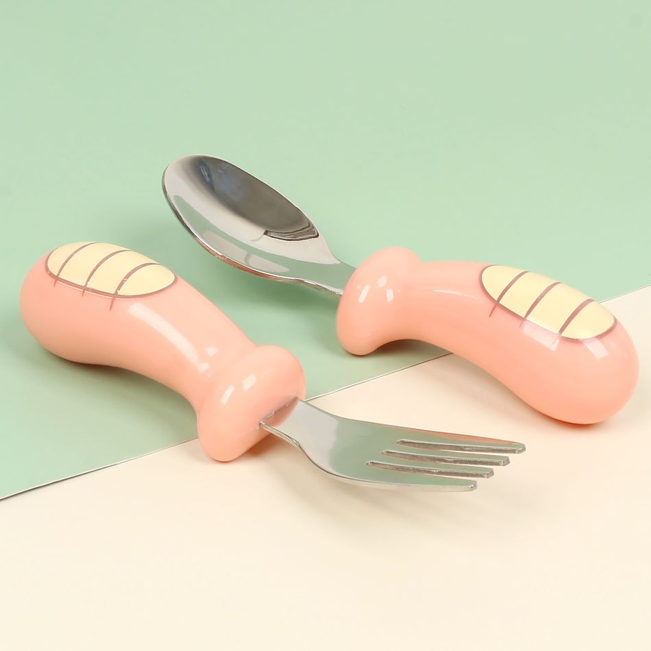 Baby Stainless Steel Utensils Spoons Forks Set Baby Toddler Self-Feeding Training Utensil Light Pink big image 4