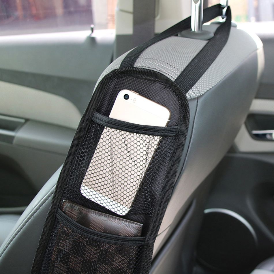 Car Seat Side Organizer Black Auto Seat Storage Hanging Bag with Zipper Pocket for Most Front Passenger Car Seats Black