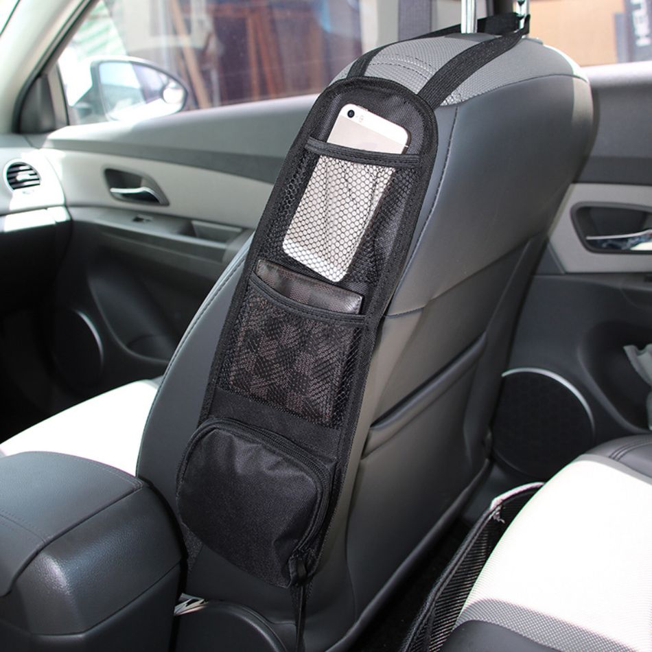 Car Seat Side Organizer Black Auto Seat Storage Hanging Bag with Zipper Pocket for Most Front Passenger Car Seats Black big image 1