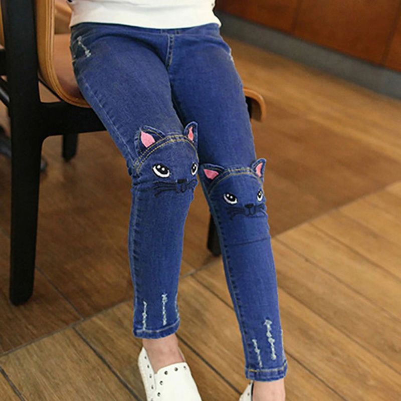 Kid Girl Unicorn Print Fleece Lined Sweatshirt/ Cat Embroidered Jeans Deep Blue