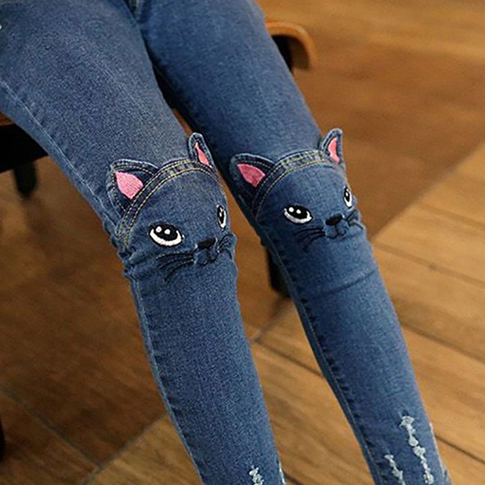Kid Girl Unicorn Print Fleece Lined Sweatshirt/ Cat Embroidered Jeans Deep Blue big image 3