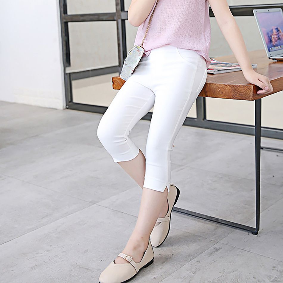 Kid Girl Side Slit Solid Color Skinny Capri Pants White