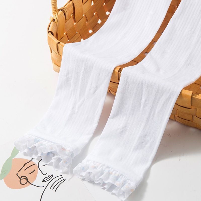 Kid Girl Solid Color Lace Design Elasticized Leggings White