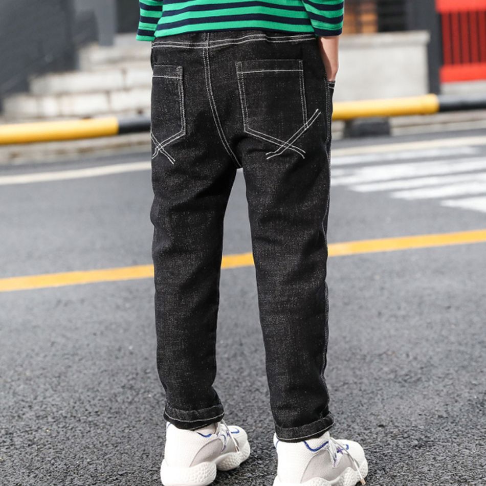 Kid Boy 100% Cotton Solid Color Topstitching Denim Jeans Black big image 2