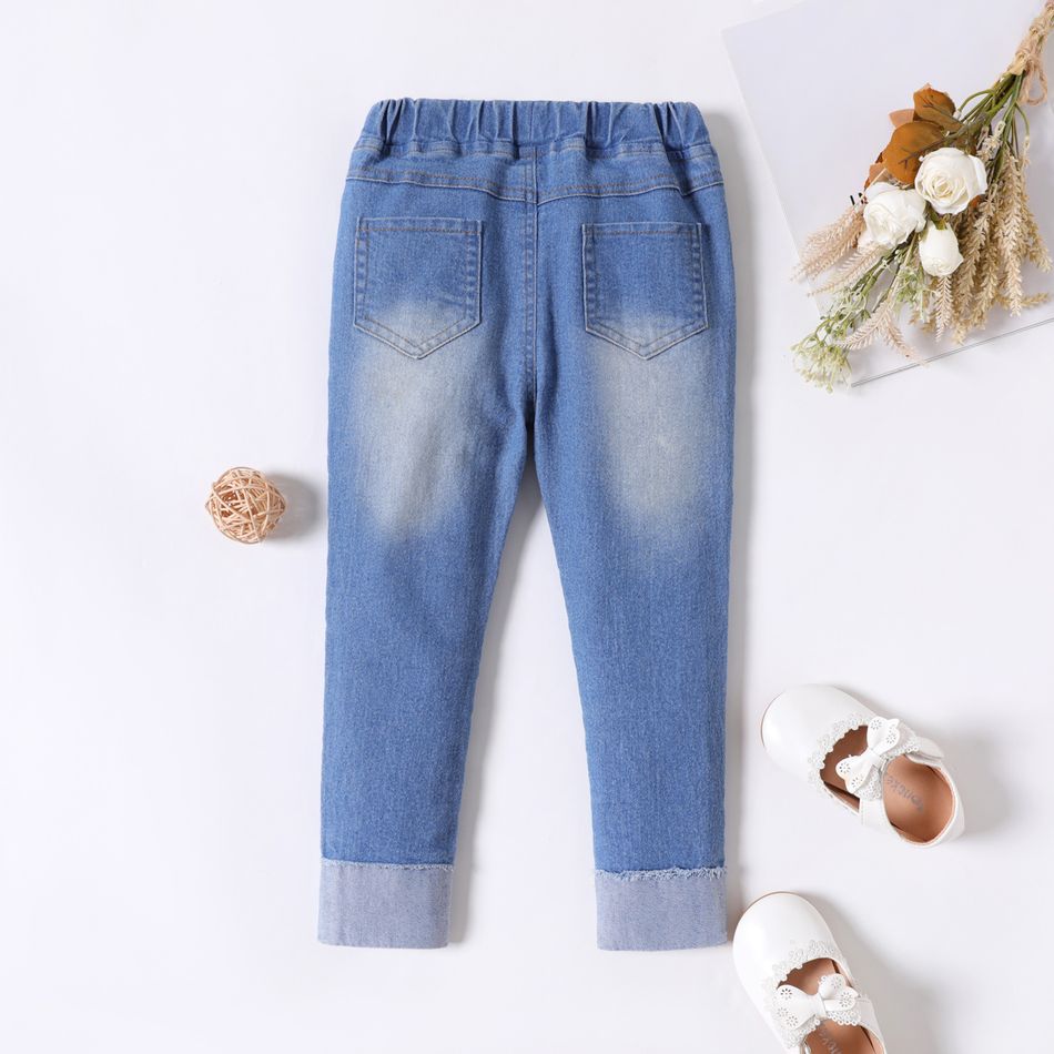 Toddler Girl 100% Cotton Star Embroidered Elasticized Denim Jeans Light Blue big image 2