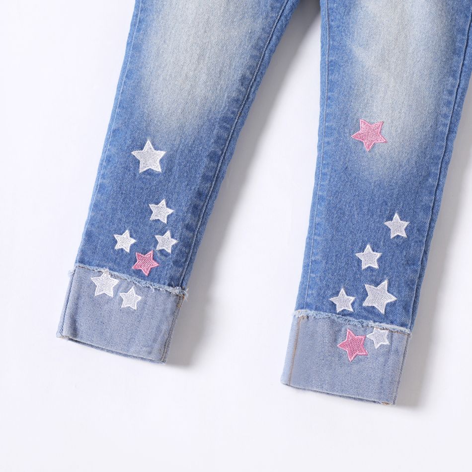 Toddler Girl 100% Cotton Star Embroidered Elasticized Denim Jeans Light Blue