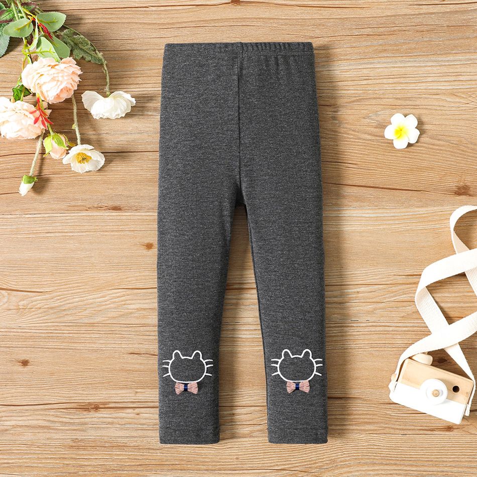 Toddler Girl Cat Embroidered Bowknot Design Elasticized Leggings Dark Grey