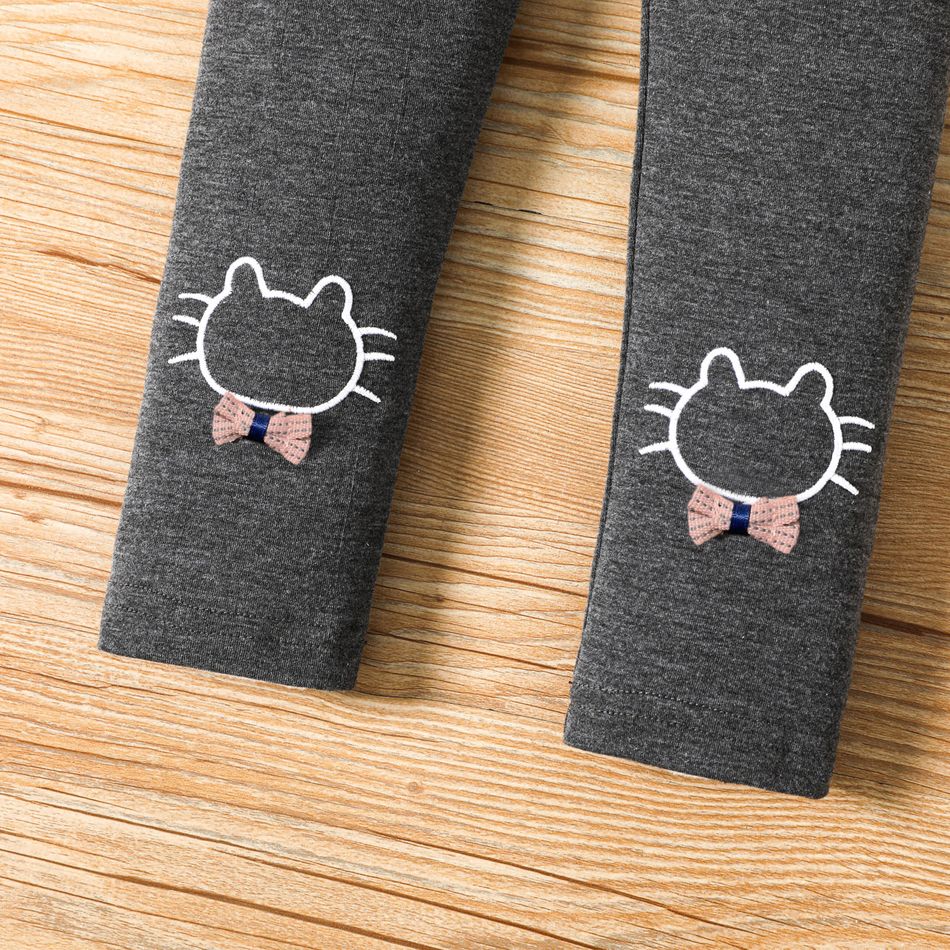 Toddler Girl Cat Embroidered Bowknot Design Elasticized Leggings Dark Grey big image 3